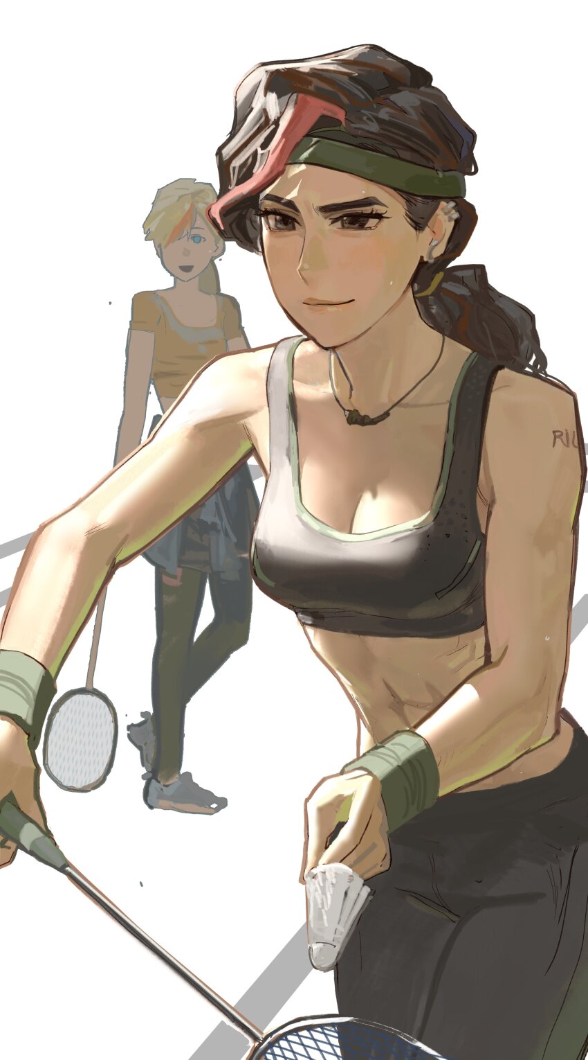 2girls, absurdres, arm_tattoo, badminton_racket, blonde_hair, blue_eyes, brown_eyes, brown_hair