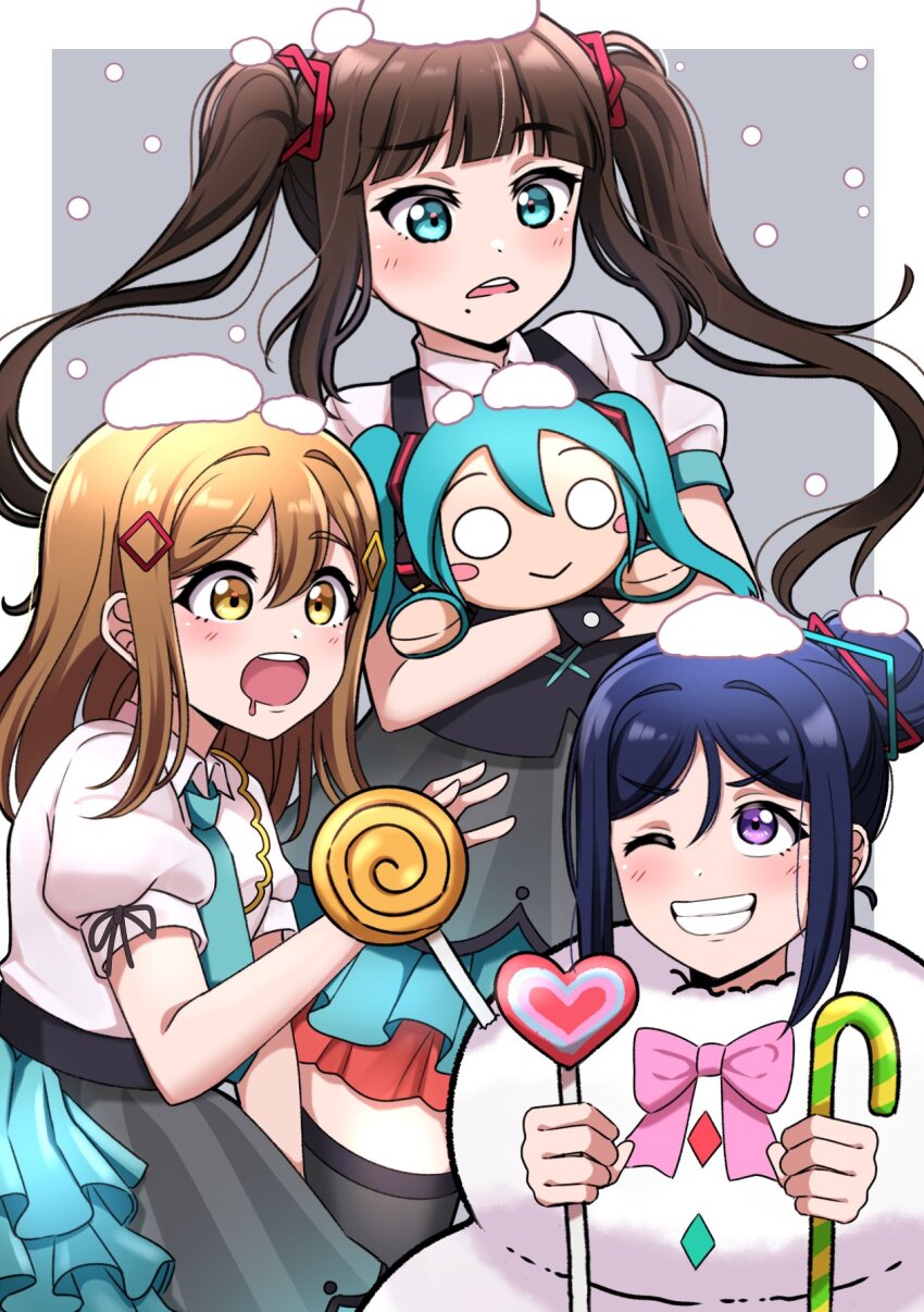 3girls, :>, :o, ;d, aqua_hair, aqua_necktie, banzai!_digital_trippers, black_hair