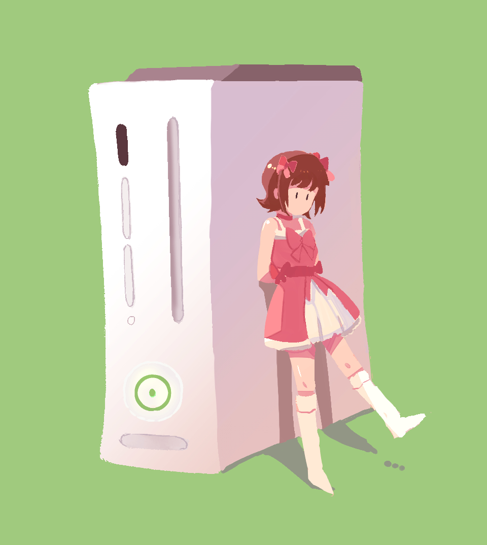 1girl, amami_haruka, arms_behind_back, bare_shoulders, black_eyes, boots, bow, bowtie, breasts, brown_hair, choker, cute_&amp;_girly_(idolmaster), dress, full_body, game_console, green_background, hair_bow, hair_ribbon, idolmaster, idolmaster_(classic), knee_boots, looking_at_another, medium_breasts, pink_bow, pink_bowtie, pink_dress, pink_ribbon, red_bow, red_choker, ribbon, short_hair, simple_background, sleeveless, sleeveless_dress, snow_strawberry_(idolmaster), solo, standing, standing_on_one_leg, tsubobot, waist_bow, white_boots, xbox_360