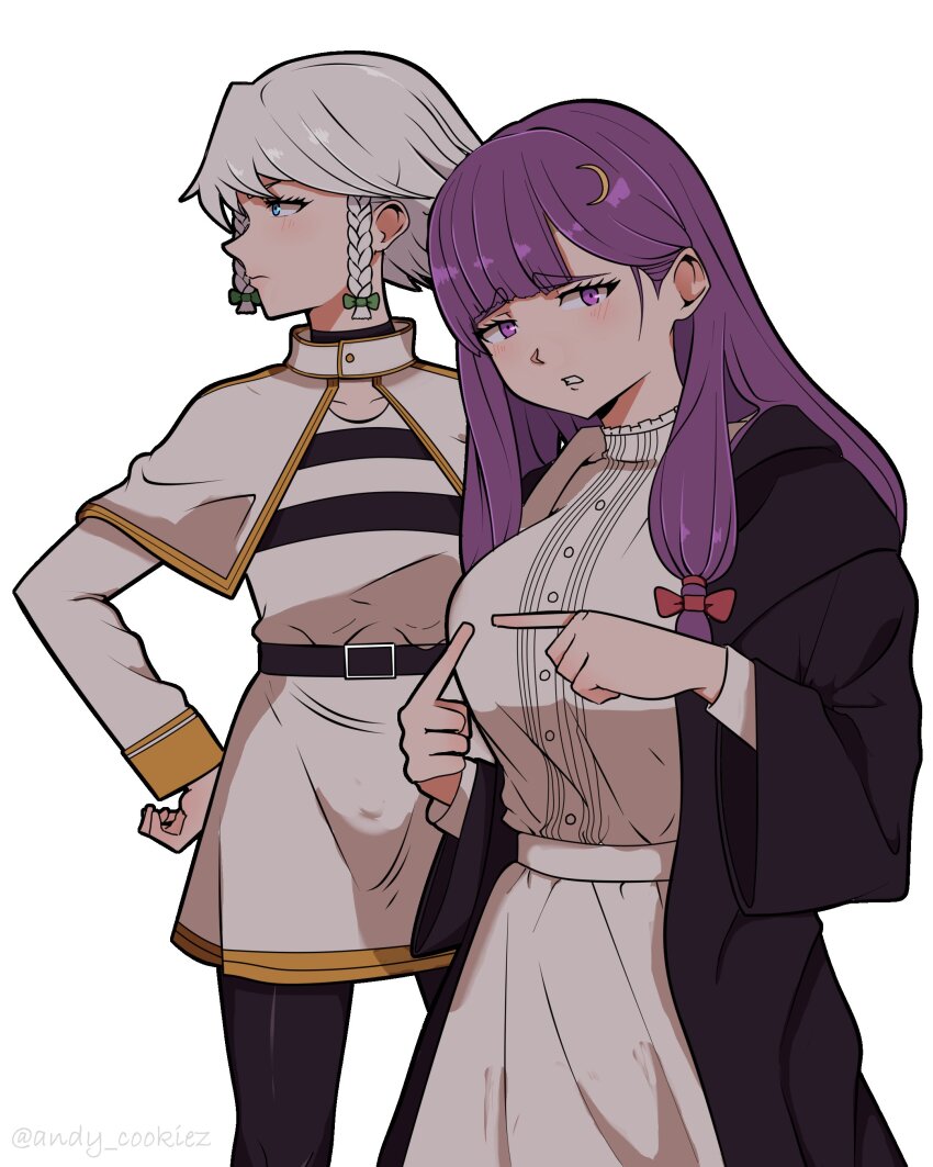 2girls, absurdres, andycookiez, belt, black_belt, black_robe, blue_eyes, blunt_bangs