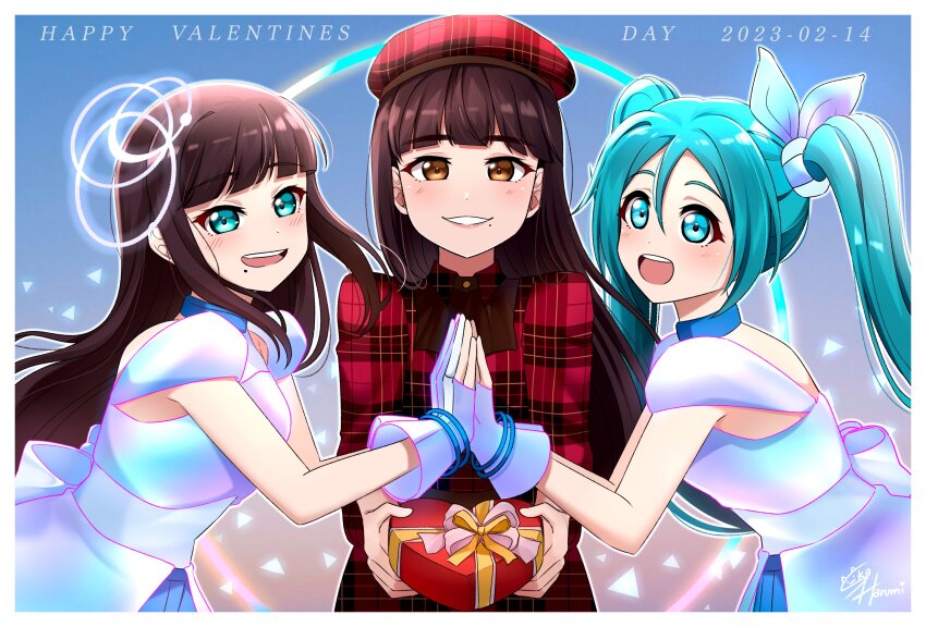 3girls, :d, aqua_eyes, aqua_hair, backless_dress, backless_outfit, banzai!_digital_trippers, beret