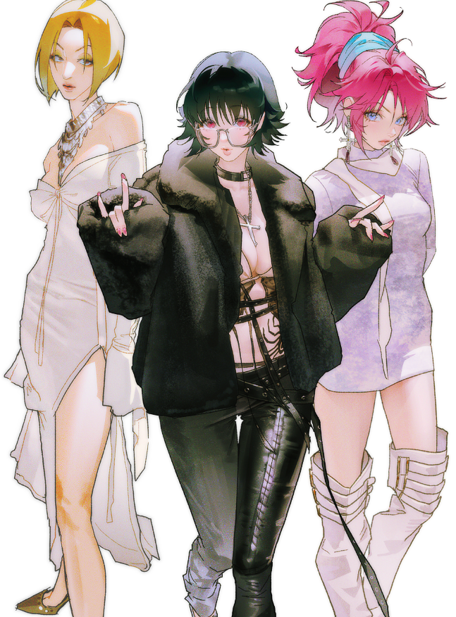 3girls, belt, black_belt, black_coat, black_hair, black_pants, blonde_hair, blue_eyes, bob_cut, bra, breasts, brown_eyes, coat, commentary_request, cross, cross_earrings, cross_necklace, dress, earrings, eyelashes, eyeshadow, fashion, fingernails, full_body, glass, hands_up, high_heels, hunter_x_hunter, jewelry, jnkku, korean_commentary, leather, lips, looking_at_viewer, machi_komacine, makeup, medium_hair, multiple_girls, necklace, pakunoda, pants, pink_eyes, pink_hair, pink_nails, ponytail, shizuku_murasaki, short_dress, simple_background, standing, stomach_tattoo, tattoo, underwear, v-shaped_eyebrows, white_background, white_dress, white_footwear, yellow_eyeshadow