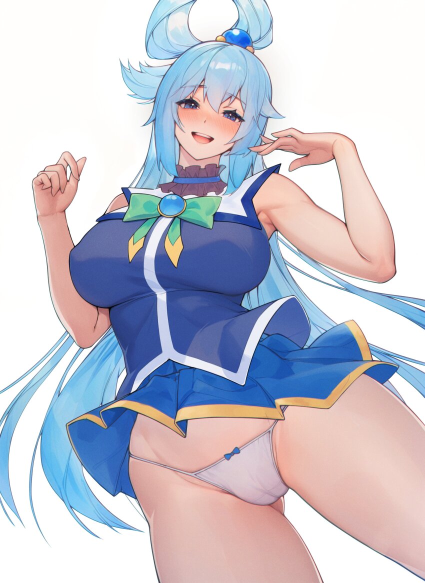 1girl, absurdres, aqua_(konosuba), bare_shoulders, blue_eyes, blue_hair, blue_shirt, blush, bow, bowtie, bread-n-butter, breasts, commentary, dutch_angle, english_commentary, feet_out_of_frame, green_bow, green_bowtie, hair_between_eyes, hair_ornament, hair_rings, highres, kono_subarashii_sekai_ni_shukufuku_wo!, large_breasts, long_hair, looking_at_viewer, open_mouth, panties, shirt, simple_background, single_hair_ring, skirt, solo, standing, underwear, very_long_hair, white_background, white_panties