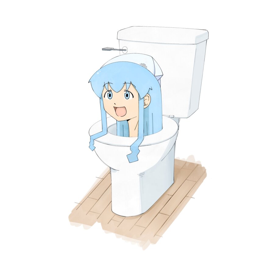 1girl, :d, blue_eyes, blue_hair, commentary, english_commentary, hat, highres, ikamusume, light_blue_hair, open_mouth, palomacock, self-upload, shinryaku!_ikamusume, simple_background, skibidi_toilet_(character), skibidi_toilet_(series), smile, solo, squid, tentacles, toilet, white_background, white_hat