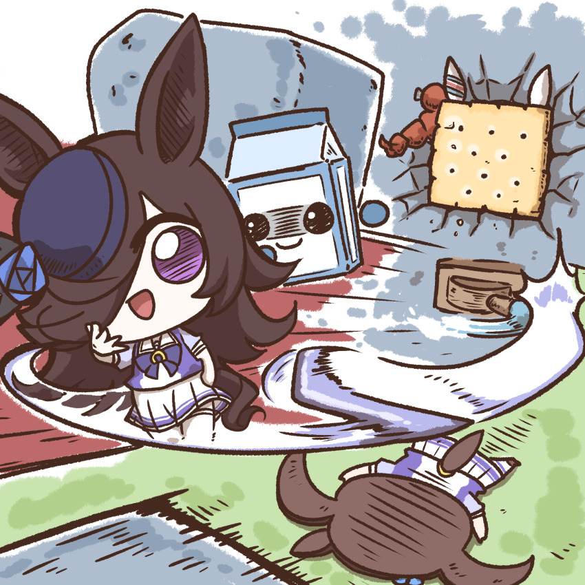 2girls, animal_ears, blue_flower, boomerang, boomerang_fu, bow, bowtie, brown_footwear