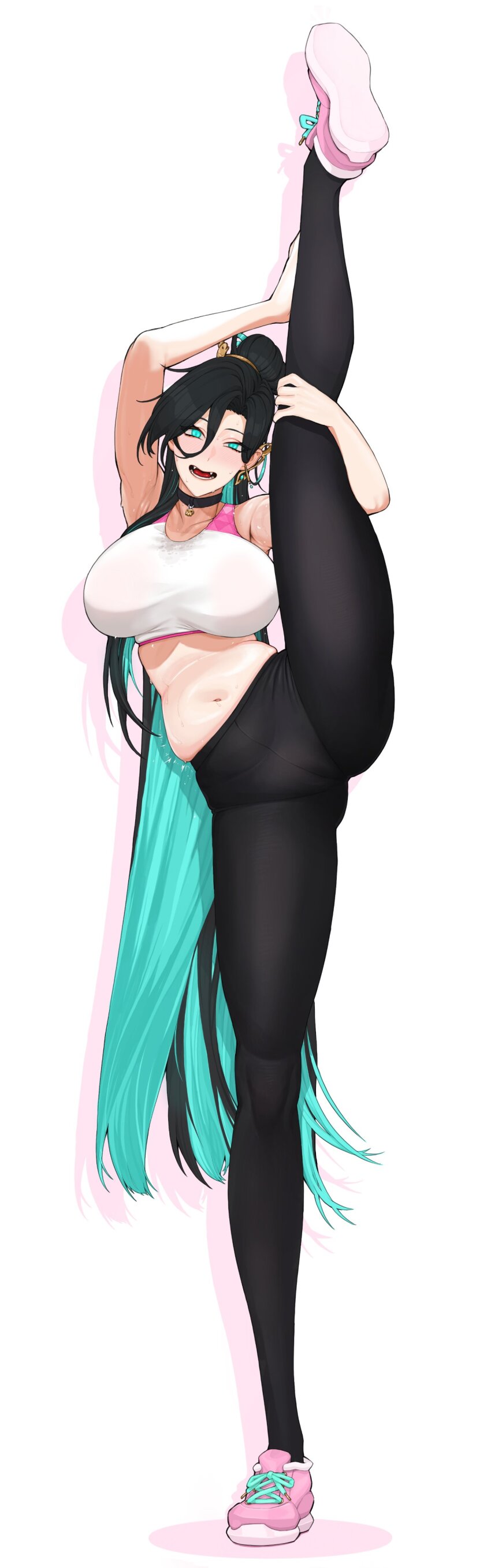 1girl, absurdres, algorhythm_project, aqua_eyes, aqua_hair, black_choker, black_hair, black_pants