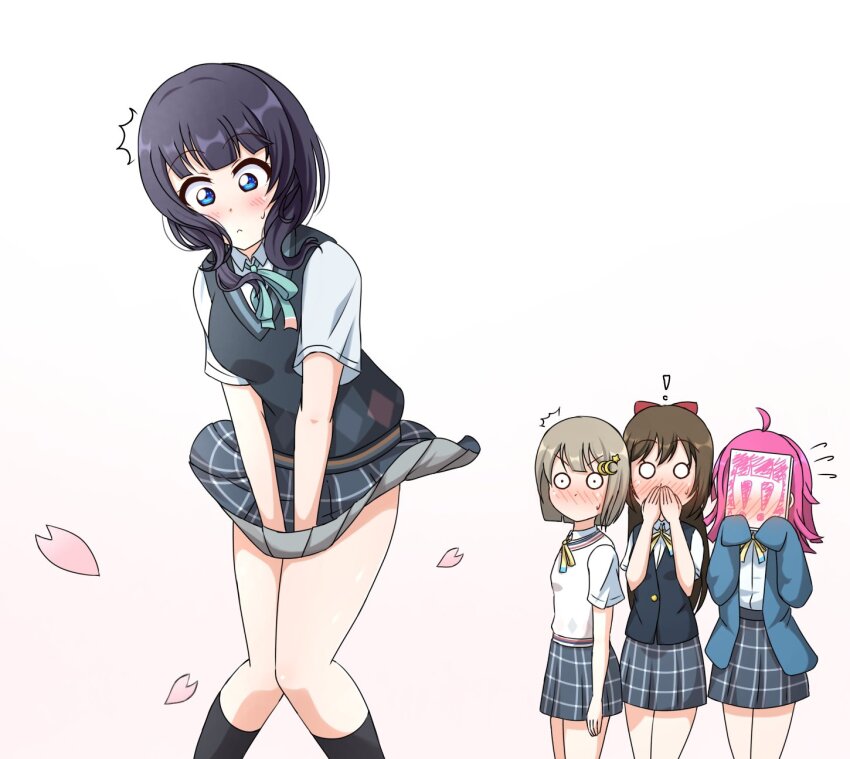 !, 4girls, ahoge, asaka_karin, blue_eyes, blue_hair, blush, brown_hair, buson0120, clothes_lift, covered_face, crescent, crescent_hair_ornament, flying_sweatdrops, gradient_background, grey_hair, hair_ornament, highres, implied_pantyshot, long_hair, love_live!, love_live!_nijigasaki_high_school_idol_club, mask, multiple_girls, nakasu_kasumi, nijigasaki_school_uniform, notice_lines, osaka_shizuku, pink_hair, school_uniform, short_hair, simple_background, skirt, skirt_lift, skirt_push, standing, tennoji_rina, thighhighs, wind, wind_lift