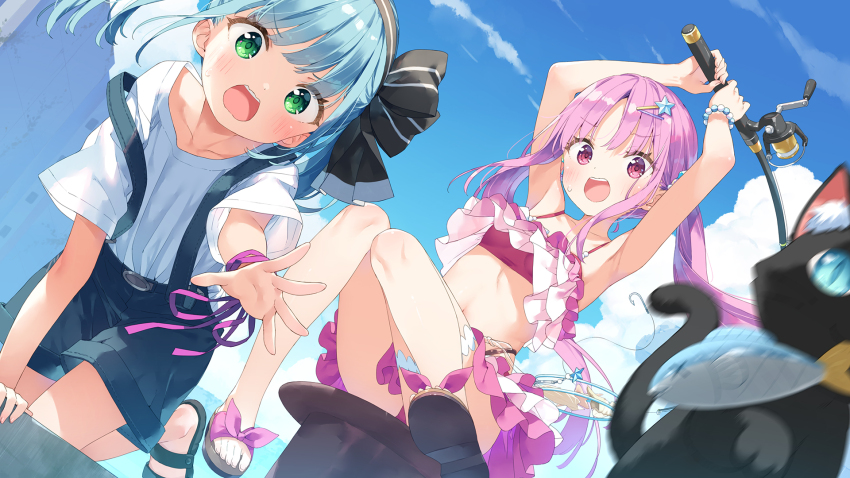 2girls, animal, arm_support, arms_up, bead_bracelet, beads, bikini, black_cat, black_footwear, black_hairband, blue_hair, blue_shorts, blue_sky, blush, bracelet, brown_footwear, cat, cloud, commentary_request, day, fish, fishing_rod, food_in_mouth, green_eyes, hair_ornament, hairband, hairclip, heaven_burns_red, highres, holding, holding_fishing_rod, jewelry, kani_biimu, kneeling, kunimi_tama, long_hair, low_twintails, mouth_hold, multiple_girls, navel, open_mouth, outdoors, parted_bangs, pink_bikini, pink_hair, red_eyes, akagi_rumi, sandals, shirt, shoe_soles, short_sleeves, shorts, sky, star_(symbol), star_hair_ornament, striped_clothes, striped_hairband, suspender_shorts, suspenders, sweat, swimsuit, twintails, v-shaped_eyebrows, very_long_hair, white_shirt, x_x