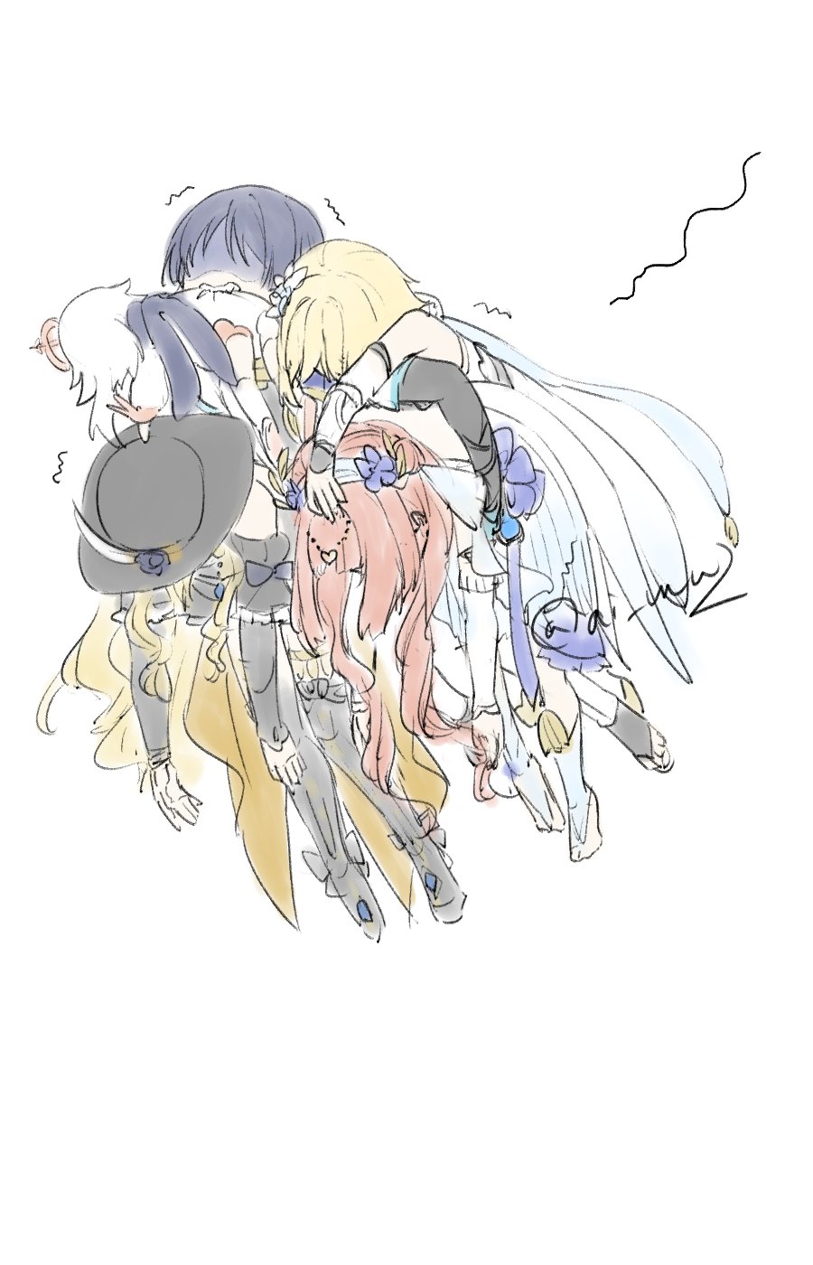 1boy, 4girls, akasaki_aimu, arm_cuffs, armpit_crease, biting, biting_another's_back, black_bodysuit