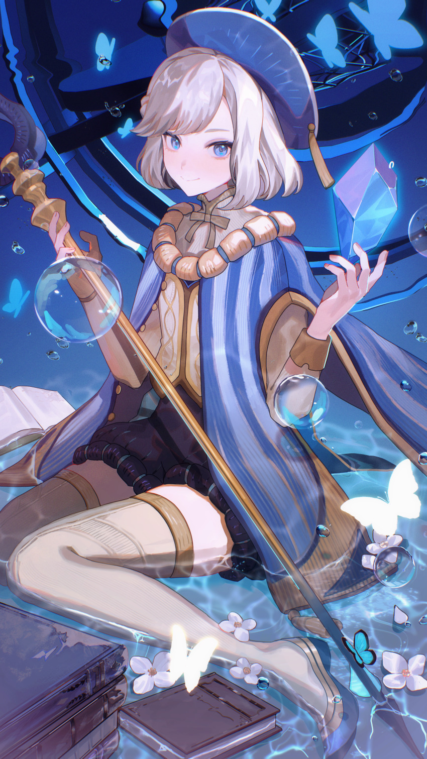 1girl, absurdres, afk_(series), afk_journey, beret, blue_footwear, blue_hat, book