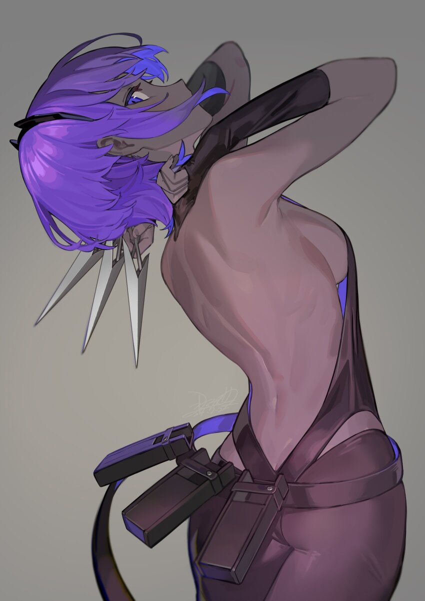 1girl, ass, back, backless_outfit, bare_shoulders, black_gloves, black_hairband, black_leotard, blush, breasts, butt_crack, dark-skinned_female, dark_skin, fate/grand_order, fate_(series), fingerless_gloves, gloves, hairband, hassan_of_serenity_(fate), highres, kunai, leggings, leotard, looking_at_viewer, medium_breasts, nao_(syn_eaa), purple_eyes, purple_hair, short_hair, sideboob, solo, very_dark_skin, weapon