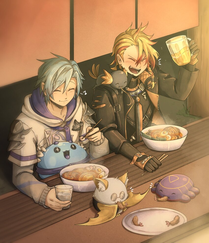 +_+, 2boys, altventurer_(regis_altare), axel_syrios, axel_syrios_(1st_costume), axelotl_(axel_syrios), beer_mug, black_gloves