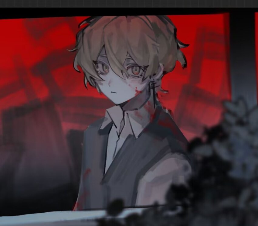 1boy, black_sweater_vest, blonde_hair, blood, blood_on_clothes, blood_on_face, closed_mouth, collared_shirt