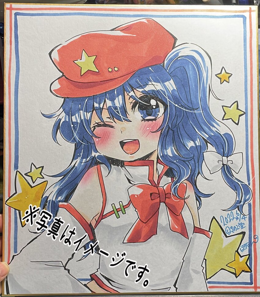 1girl, bare_shoulders, blue_eyes, blue_hair, blush, botan_(03110709), bow, bowtie, breasts, newsboy_cap, commentary_request, detached_sleeves, flat_cap, hair_bow, hat, hat_ornament, highres, label_girl_(dipp), long_hair, long_sleeves, mandarin_collar, meikasai, midriff_peek, red_bow, red_bowtie, red_hat, shirt, side_ponytail, simple_background, sleeveless, sleeveless_shirt, small_breasts, solo, star_(symbol), star_hat_ornament, touhou, traditional_media, translation_request, white_background, white_bow, white_shirt, white_sleeves, wide_sleeves