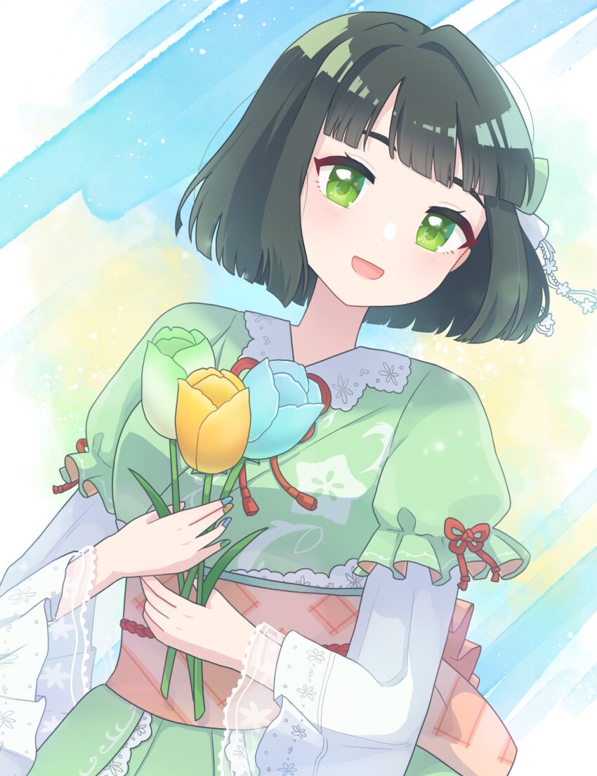 1girl, :d, aoku_haruka, blue_background, blue_flower, blue_tulip, blunt_bangs, blunt_ends