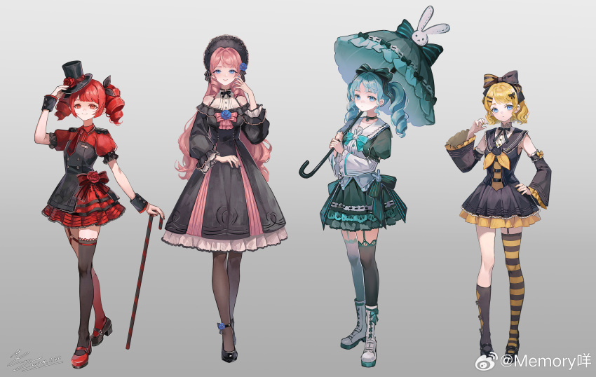 4girls, accurate_lolita_coord, apron, argyle_clothes, argyle_socks, asymmetrical_footwear, asymmetrical_legwear, bare_shoulders