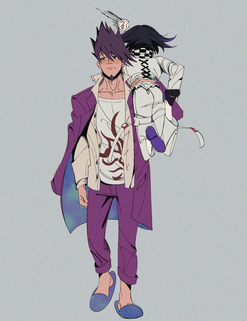 2boys, absurdres, arm_out_of_sleeve, black_hair, carrying, carrying_over_shoulder, carrying_person, checkered_clothes