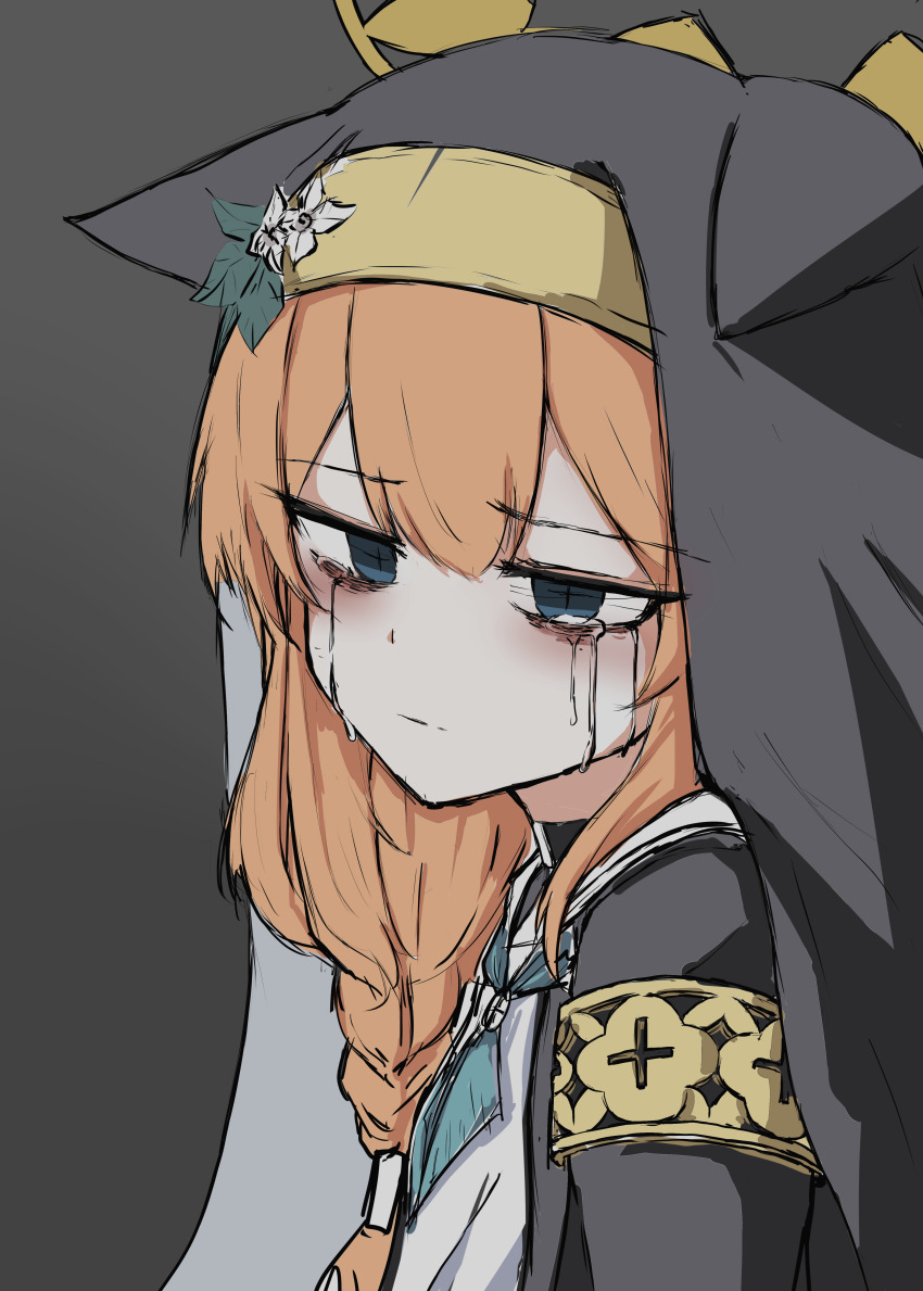 1girl, :|, absurdres, animal_ears, bags_under_eyes, blue_archive, blue_eyes, braid, cat_ears, closed_mouth, coif, commentary_request, crying, darauk11, depressed, dot_nose, flower, grey_background, habit, hairband, halo, highres, korean_commentary, long_hair, looking_at_viewer, mari_(blue_archive), nun, orange_hair, school_uniform, simple_background, single_braid, solo, upper_body, white_flower, yellow_hairband, yellow_halo