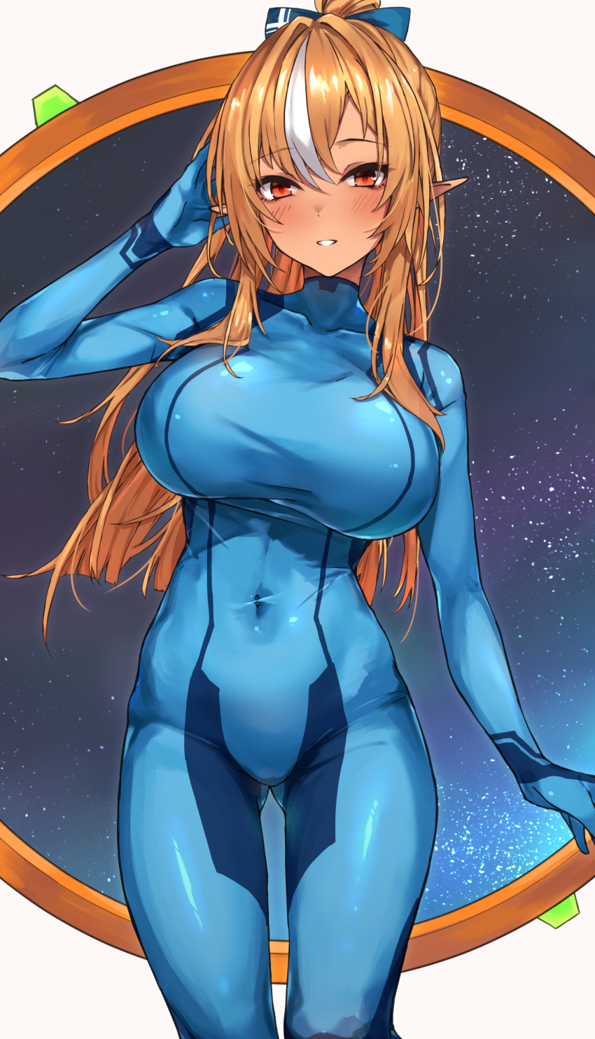 1girl, absurdres, blonde_hair, blue_bodysuit, blush, bodysuit, bow, breasts