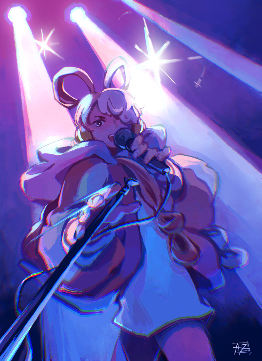 1girl, breasts, dress, hair_over_one_eye, hair_rings, headphones, highres, holding