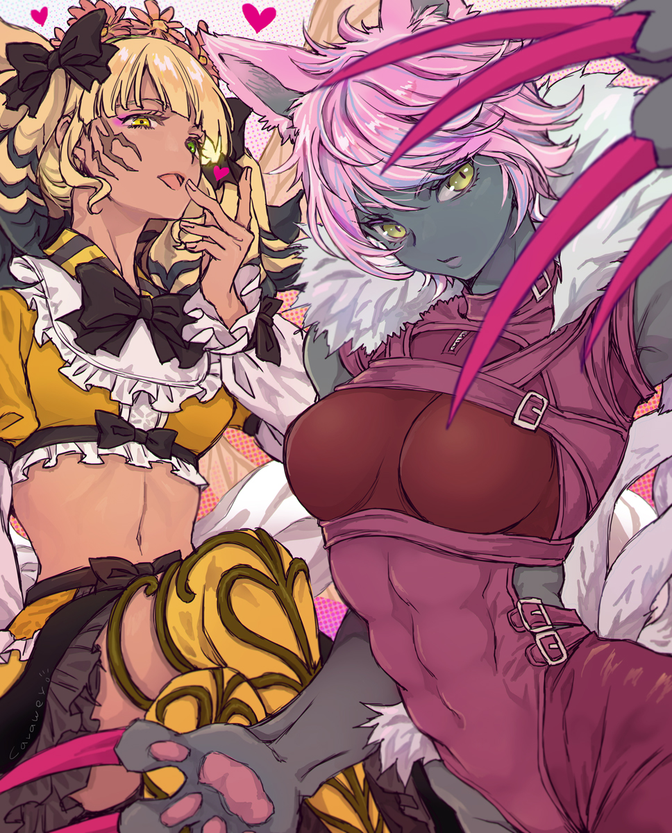 black_cat_(ff14), black_fur, black_skin, blonde_hair, bow, claws, colored_skin, crop_top