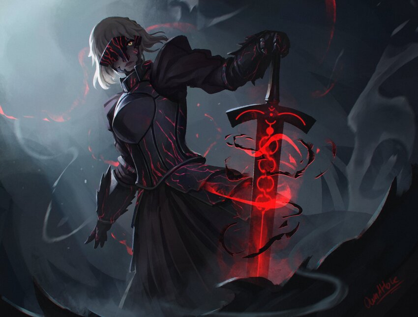 1girl, armor, artoria_pendragon_(fate), blonde_hair, check_weapon, clawed_gauntlets, commentary, dress, english_commentary, fate_(series), floating_hair, gauntlets, glowing, glowing_weapon, highres, holding, holding_sword, holding_weapon, mask, one_eye_covered, ownahole, saber_alter, saber_alter_(fate/stay_night), solo, sword, tagme, weapon, weapon_request, yellow_eyes