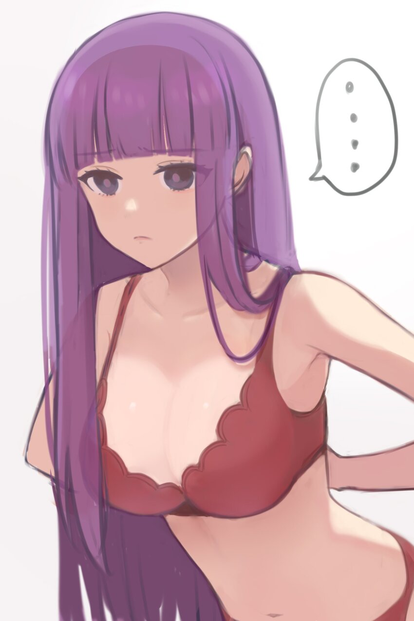 ..., 1girl, arms_behind_back, bare_shoulders, black_eyes, blunt_bangs, bra, breasts, cleavage, closed_mouth, collarbone, fern_(sousou_no_frieren), furrowed_brow, grey_background, highres, leaning_forward, long_hair, looking_ahead, medium_breasts, navel, panties, purple_hair, purple_pupils, red_bra, red_panties, shiro_(branch0126), simple_background, solo, sousou_no_frieren, spoken_ellipsis, straight_hair, underwear, underwear_only, upper_body, very_long_hair