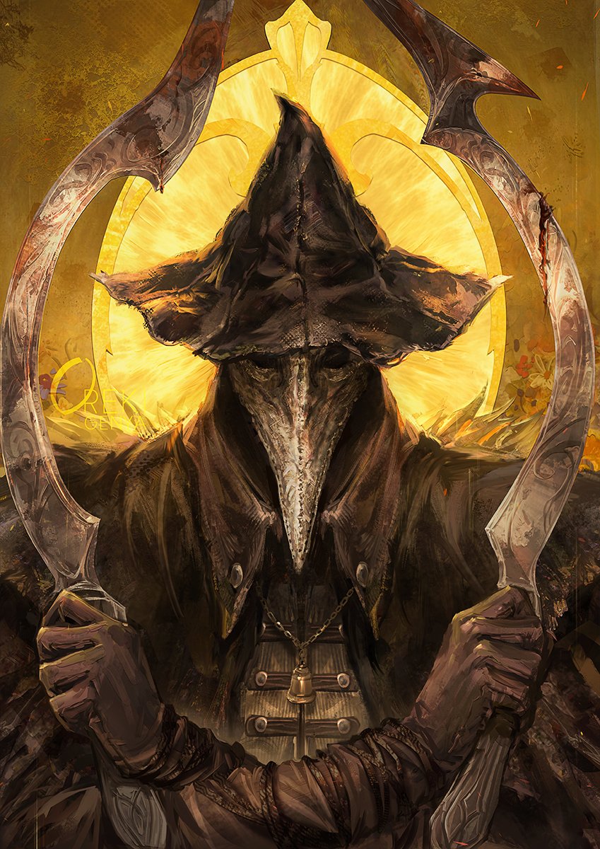 1girl, artist_name, bell, black_cloak, black_gloves, black_hat, black_jacket, blade_of_mercy