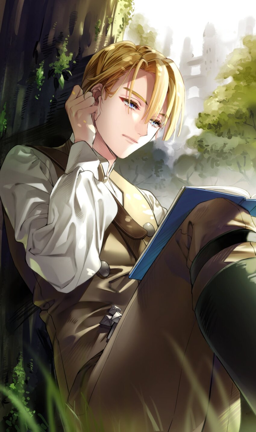1boy, black_boots, blonde_hair, blue_eyes, book, boots, brown_pants, brown_vest, buttons, closed_mouth, collared_shirt, commentary, dimitri_alexandre_blaiddyd, fire_emblem, fire_emblem:_three_houses, garreg_mach_monastery_uniform, grass, hair_between_eyes, hand_in_own_hair, hand_up, highres, holding, holding_book, kkuonn19, leaning_back, looking_down, male_focus, nintendo, on_ground, pants, reading, shirt, sitting, sleeve_cuffs, smile, solo, tree, undershirt, vest, white_shirt
