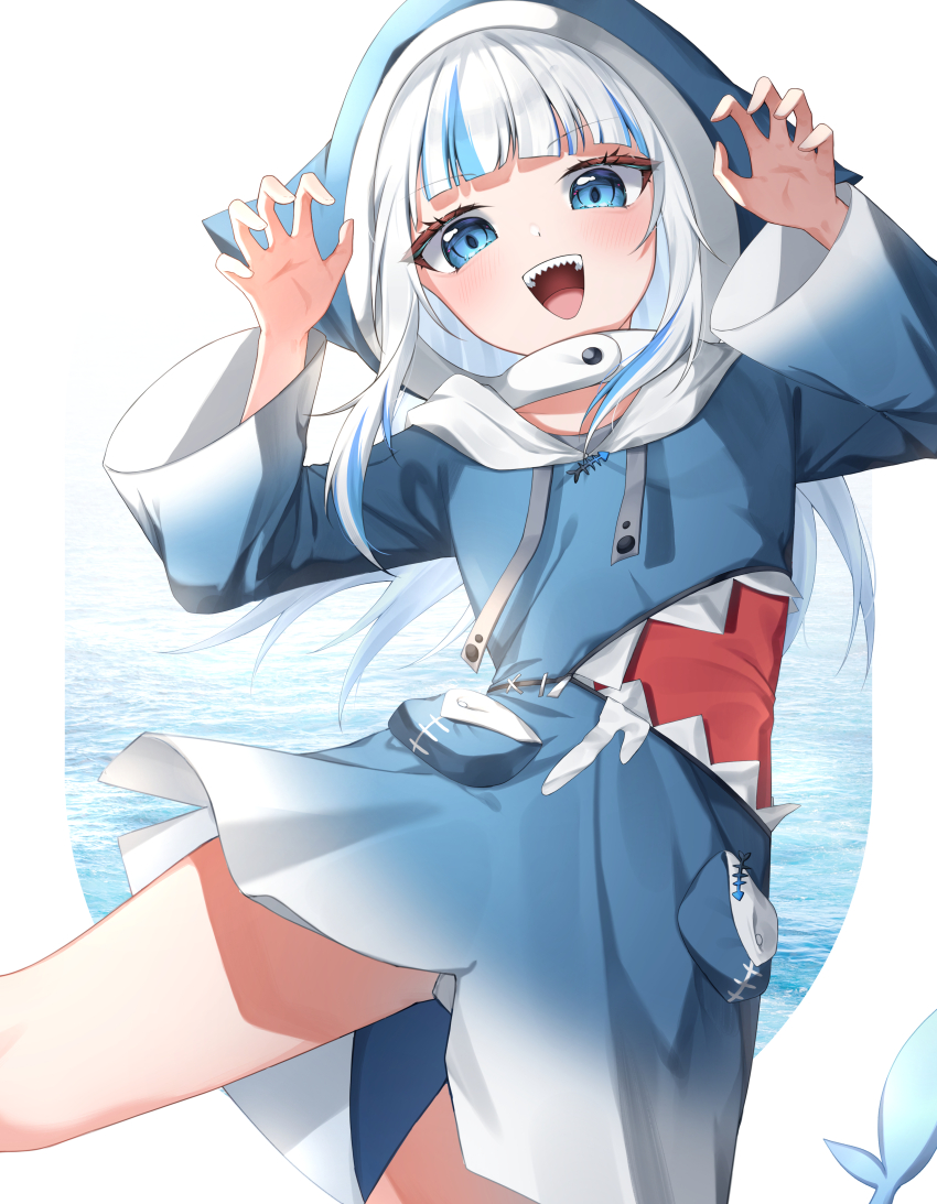 1girl, absurdres, animal_hood, blue_eyes, fins, fish_tail, gawr_gura, gawr_gura_(1st_costume)