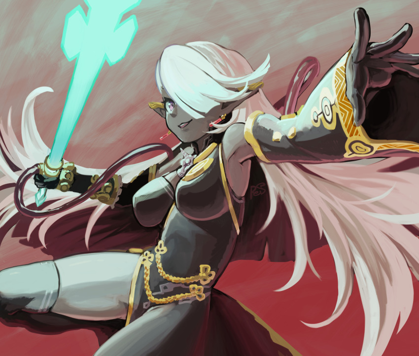 1girl, absurdres, armpits, bare_shoulders, breasts, colored_skin, cowboy_shot, detached_sleeves