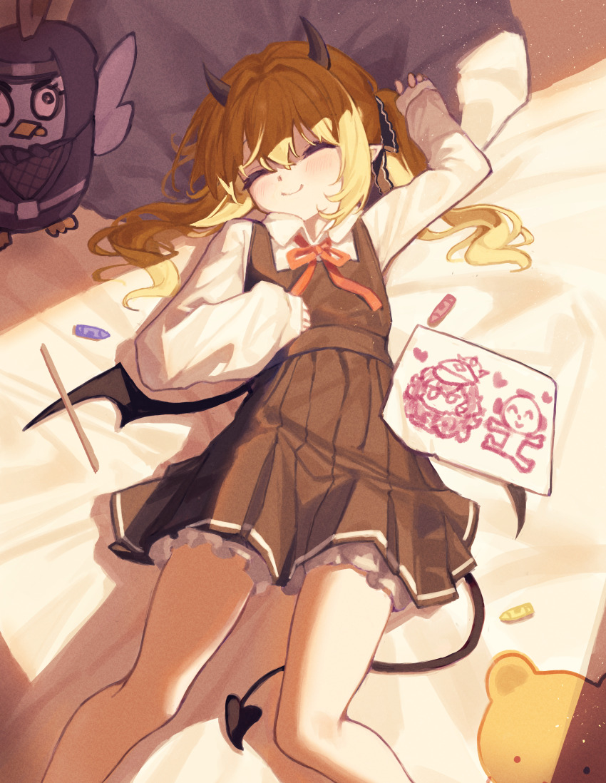 1girl, absurdres, arm_up, bed_sheet, black_dress, black_horns, black_ribbon, black_tail, black_wings, blonde_hair, blue_archive, child's_drawing, closed_eyes, closed_mouth, crayon, demon_horns, demon_tail, demon_wings, doodle_sensei_(blue_archive), dress, feet_out_of_frame, from_above, ggangtong, hair_between_eyes, hair_ribbon, hand_on_own_stomach, heart, highres, horns, ibuki_(blue_archive), intentionally_missing_halo, iroha_(blue_archive), light_blush, long_hair, long_sleeves, low_wings, lying, missing_halo, neck_ribbon, on_back, paper, peroro_(blue_archive), pinafore_dress, pleated_dress, pointy_ears, puffy_long_sleeves, puffy_sleeves, red_ribbon, ribbon, sensei_(blue_archive), shade, shirt, sleeping, sleeveless, sleeveless_dress, sleeves_past_wrists, smile, solo, stuffed_animal, stuffed_toy, sunlight, tail, teddy_bear, white_shirt, wings