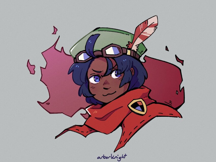 :3, androgynous, blue_eyes, blue_hair, cropped_torso, dark_skin, etrian_odyssey, goggles