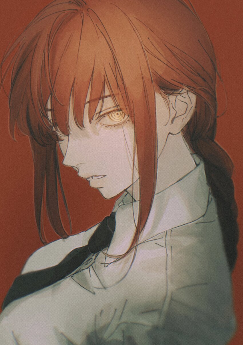 1girl, absurdres, blurry, breasts, chainsaw_man, collared_shirt, depth_of_field, from_side