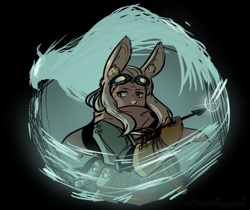 1girl, animal_ears, arrow_(projectile), etrian_odyssey, falconry_glove, gloves, holding, holding_arrow, hound_(sekaiju), hound_4_(sekaiju), looking_to_the_side, old, old_woman, rabbit_ears, scarf, scarf_over_mouth, sekaiju_no_meikyuu, sekaiju_no_meikyuu_5, solo, spirit, untoldprotag, upper_body