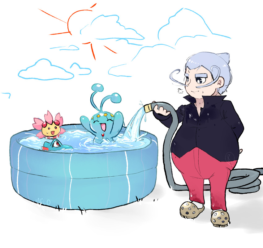 1boy, arm_behind_back, black_eyes, black_shirt, bright_pupils, cherrim, cherrim_(sunshine), closed_mouth