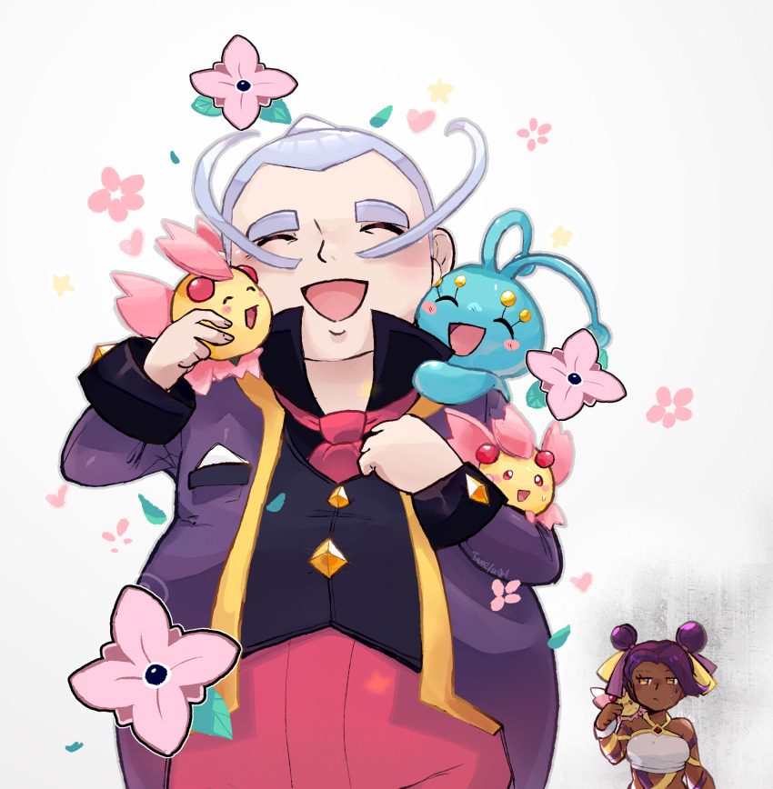 1boy, 1girl, :d, black_shirt, cherrim, cherrim_(sunshine), closed_eyes, coat