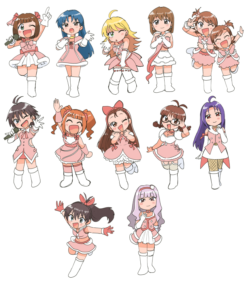 6+girls, ;d, ^_^, akizuki_ritsuko, amami_haruka, antenna_hair, black_hair, blonde_hair, blowing_kiss, blue_hair, blush, boots, brown_eyes, brown_hair, closed_eyes, crop_top, cute_&amp;_girly_(idolmaster), deformed, dress, everyone, frilled_skirt, frills, fur-trimmed_boots, fur-trimmed_dress, fur-trimmed_gloves, fur_trim, futami_ami, futami_mami, ganaha_hibiki, glasses, gloves, green_eyes, grey_hair, hagiwara_yukiho, hairband, high_ponytail, highres, holding, holding_microphone, hoshii_miki, idolmaster, idolmaster_(classic), kikuchi_makoto, kisaragi_chihaya, long_hair, medium_hair, microphone, minase_iori, miura_azusa, multiple_girls, music, one_eye_closed, open_mouth, orange_hair, overskirt, pink_dress, pink_hairband, ponytail, red_eyes, shijou_takane, short_hair, short_sleeves, side_ponytail, singing, skirt, sleeveless, smile, snow_strawberry_(idolmaster), takatsuki_yayoi, tsubobot, v, very_long_hair, white_footwear, white_gloves
