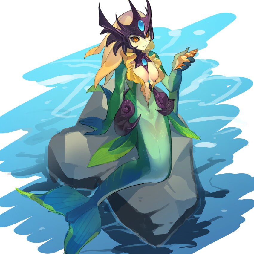 1girl, animal_ears, black_sclera, blonde_hair, breasts, cleavage, colored_sclera, colored_skin, gem, green_skin, helmet, highres, jewelry, kinoko_doka-gui_kizetsu-bu, league_of_legends, long_hair, mermaid, monster_girl, nami_(league_of_legends), orange_eyes, smile, solo, water