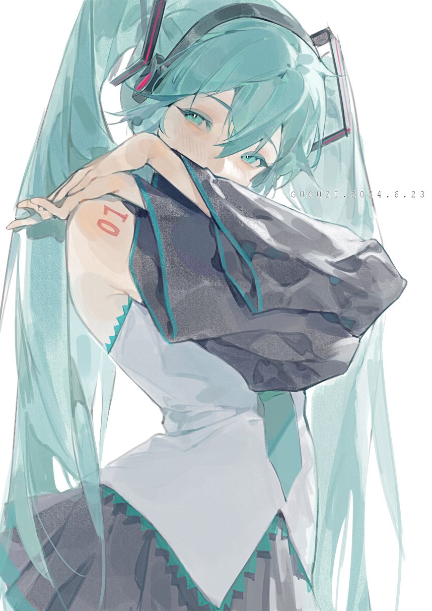 1girl, aqua_eyes, aqua_hair, aqua_necktie, artist_name, bare_shoulders, black_skirt, black_sleeves