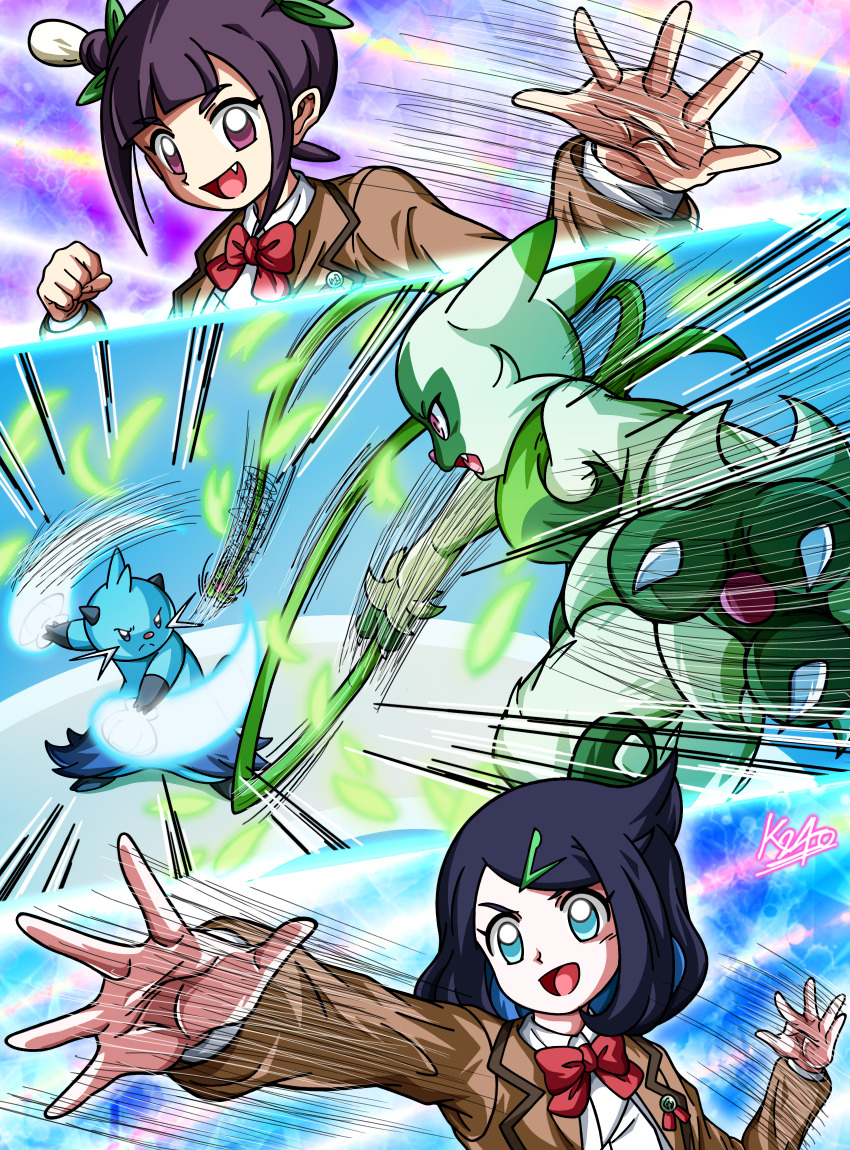 0bd67g5r3250-2m, 2girls, ann_(pokemon), battle, blue_eyes, blue_hair, dewott, fang