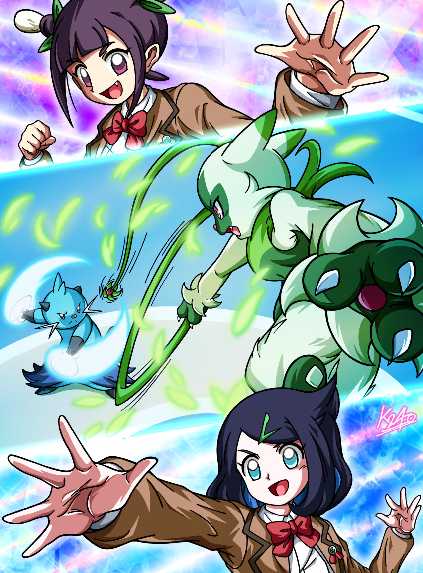 0bd67g5r3250-2m, 2girls, ann_(pokemon), battle, blue_eyes, blue_hair, dewott, fang, floragato, gen_5_pokemon, hair_ornament, highres, holding, liko_(pokemon), multiple_girls, nintendo, open_mouth, plant, pokemon, pokemon_(anime), pokemon_(creature), pokemon_horizons, purple_eyes, seashell, shell, smile, vine_whip, vines, whiskers