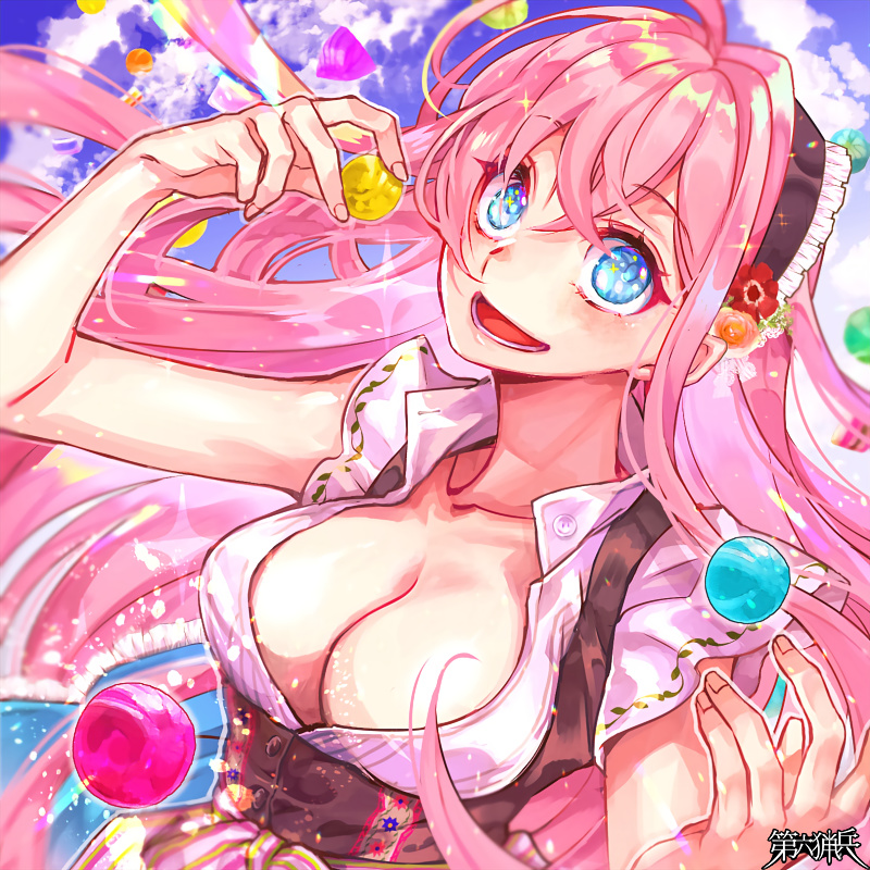 :d, ahoge, ball, blue_eyes, blue_sky, breasts, cleavage, dairoku_ryouhei