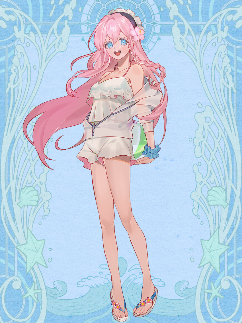 1girl, :d, blue_background, blue_eyes, blue_scrunchie, braid, breasts, dairoku_ryouhei, flower, full_body, hair_flower, hair_ornament, highres, jacket, komiya_aki, long_hair, looking_at_viewer, open_mouth, osimaru, pink_flower, pink_hair, sandals, scrunchie, see-through_clothes, see-through_jacket, shirt, shorts, small_breasts, smile, solo, standing, white_shirt, white_shorts, wrist_scrunchie, zipper