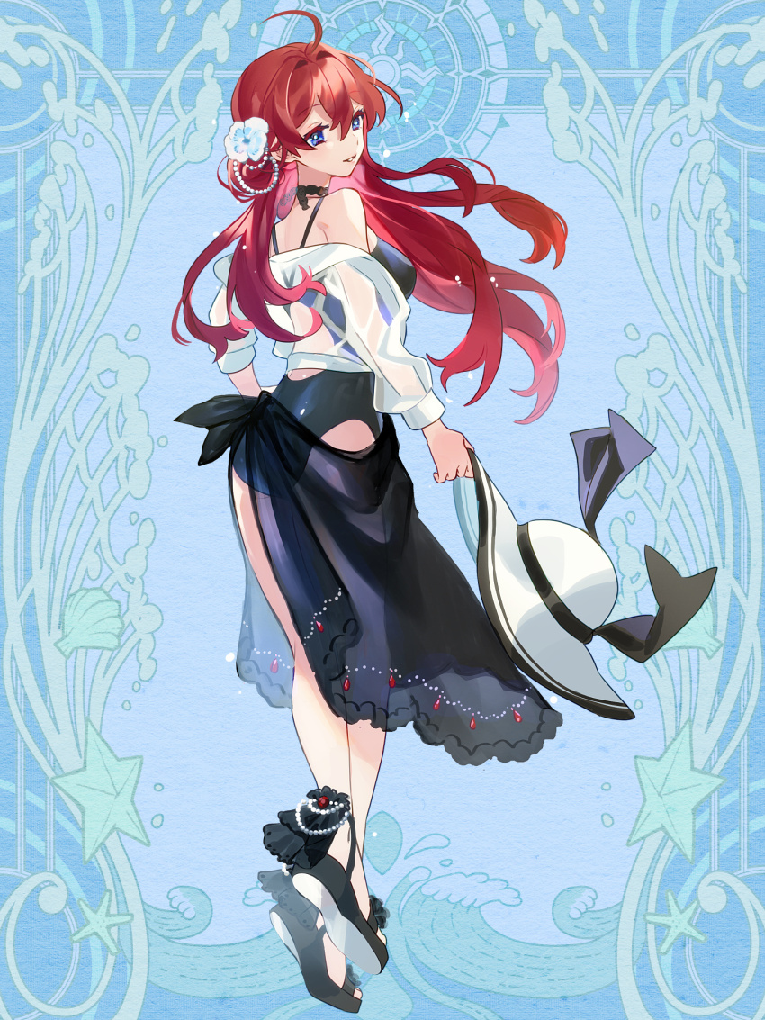 1girl, ahoge, ass, black_one-piece_swimsuit, black_ribbon, black_sandals, blue_background, blue_eyes, breasts, dairoku_ryouhei, flower, full_body, hair_between_eyes, hair_flower, hair_ornament, hair_ribbon, hat, highres, holding, holding_unworn_clothes, holding_unworn_hat, jacket, komiya_aki, medium_breasts, one-piece_swimsuit, osimaru, red_eyes, ribbon, sandals, see-through_clothes, see-through_jacket, solo, standing, sun_hat, swimsuit, unworn_hat, unworn_headwear, white_hat