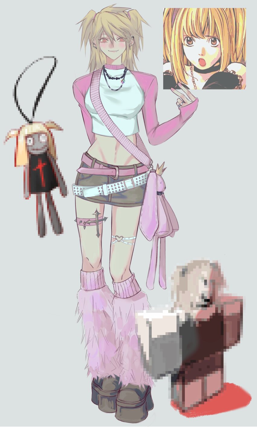 1girl, absurdres, alternate_costume, amane_misa, arm_behind_back, bag, belt, black_footwear, blonde_hair, breasts, commentary, crop_top, cross, death_note, denim, denim_skirt, earrings, full_body, futo_(tofuutoufofuto), hashtag-only_commentary, highres, jewelry, leg_warmers, long_hair, long_sleeves, necklace, pink_bag, pink_belt, pink_leg_warmers, pink_shirt, platform_footwear, red_eyes, reference_inset, roblox, shirt, shoulder_bag, simple_background, skirt, sleeves_past_wrists, smile, thigh_strap, two-tone_shirt, two_side_up, v, white_belt, y2k_fashion