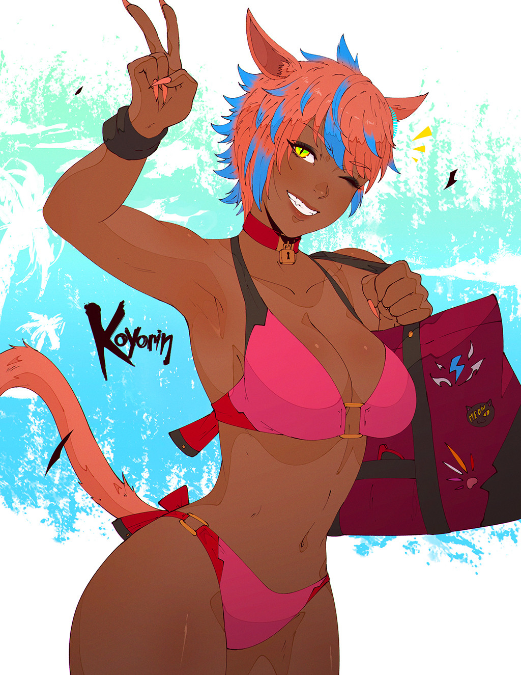 1girl, animal_ears, artist_name, bag, bikini, blue_hair, cat_ears, cat_tail, collar, dark-skinned_female, dark_skin, final_fantasy, final_fantasy_xiv, fingernails, green_eyes, highres, koyorin, looking_at_viewer, miqo'te, multicolored_bikini, multicolored_eyes, multicolored_hair, nail_polish, navel, orange_hair, pink_nails, sharp_fingernails, short_hair, slit_pupils, smile, solo, swimsuit, tail, teeth, two-tone_eyes, two-tone_hair, v, yaana_(ff14), yellow_eyes
