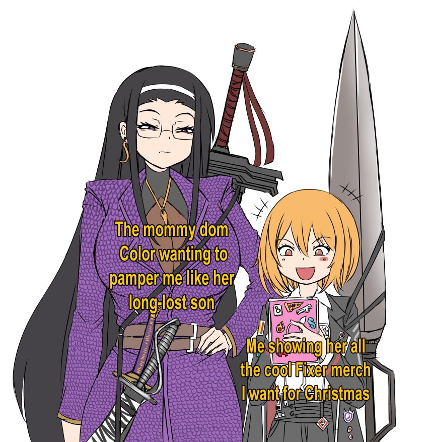 2girls, absurdres, badge, belt, black_coat, black_hair, black_pants, black_shirt