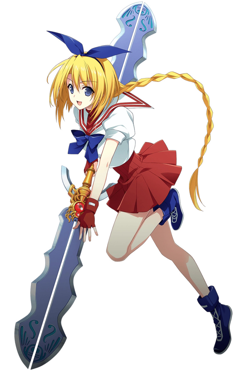 1girl, blonde_hair, blue_eyes, braid, breasts, fingerless_gloves, gloves, hair_ribbon, highres, leg_lift, leg_up, legs, long_hair, looking_at_viewer, official_art, open_mouth, phantom_breaker, ribbon, school_uniform, skirt, small_breasts, smile, sophia_karganova, thighs, weapon