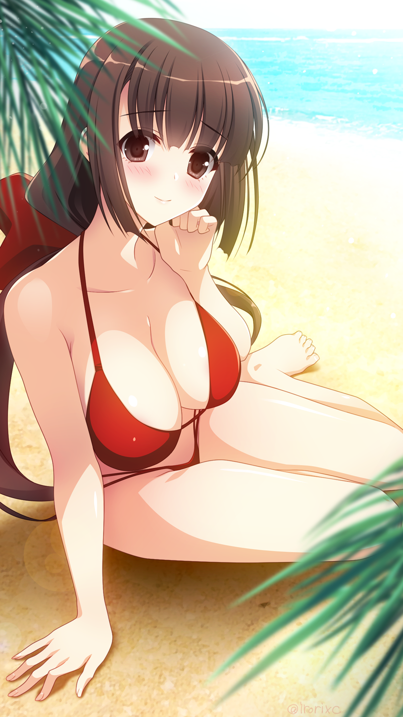 1girl, arm_support, artist_name, barefoot, beach, bikini, black_hair, blush